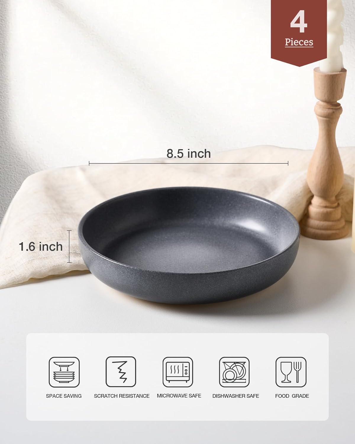 famiware Milkyway Pasta Bowls Set of 4, 8.5" Large Salad Bowls, Double Reactive Glaze, Stackable, Ideal for Housewarming, Festivals, Matte Dark Charcoal