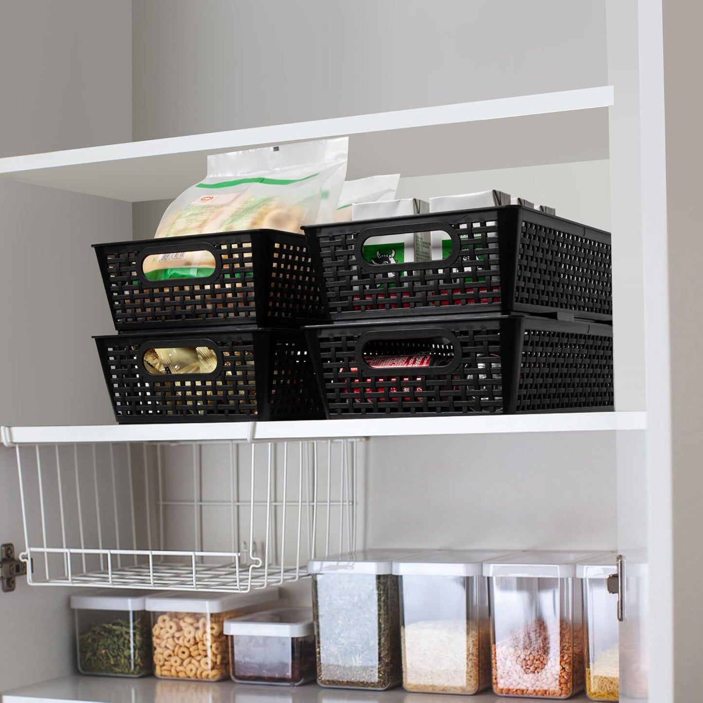 Stackable Woven Plastic Basket, Storage Bins for Cabinet, Closet, Shelf, Under Sink and Countertop, Pantry Organizer Bins, 6 Pack