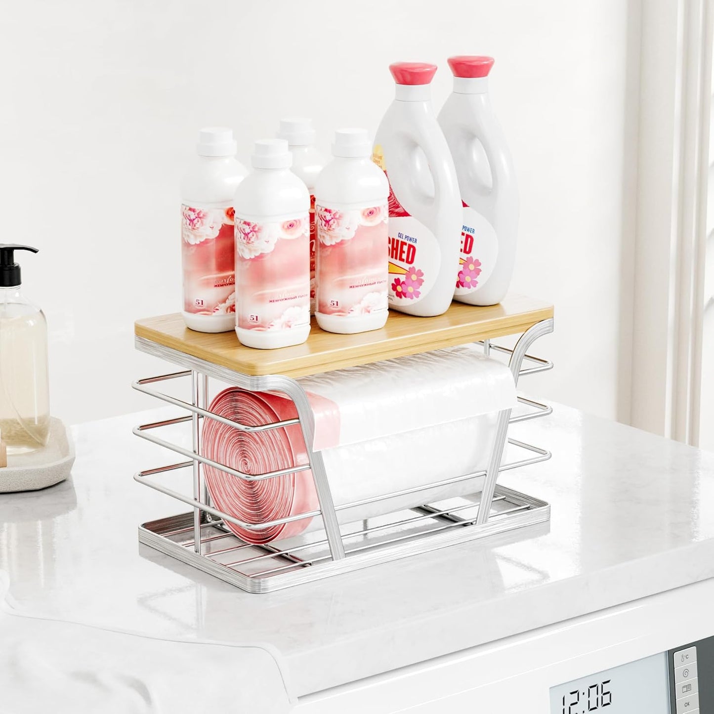 Small Bag Holder，Plastic Bag Holder with Removable Bamboo Top, No Drill, 304 Stainless Steel