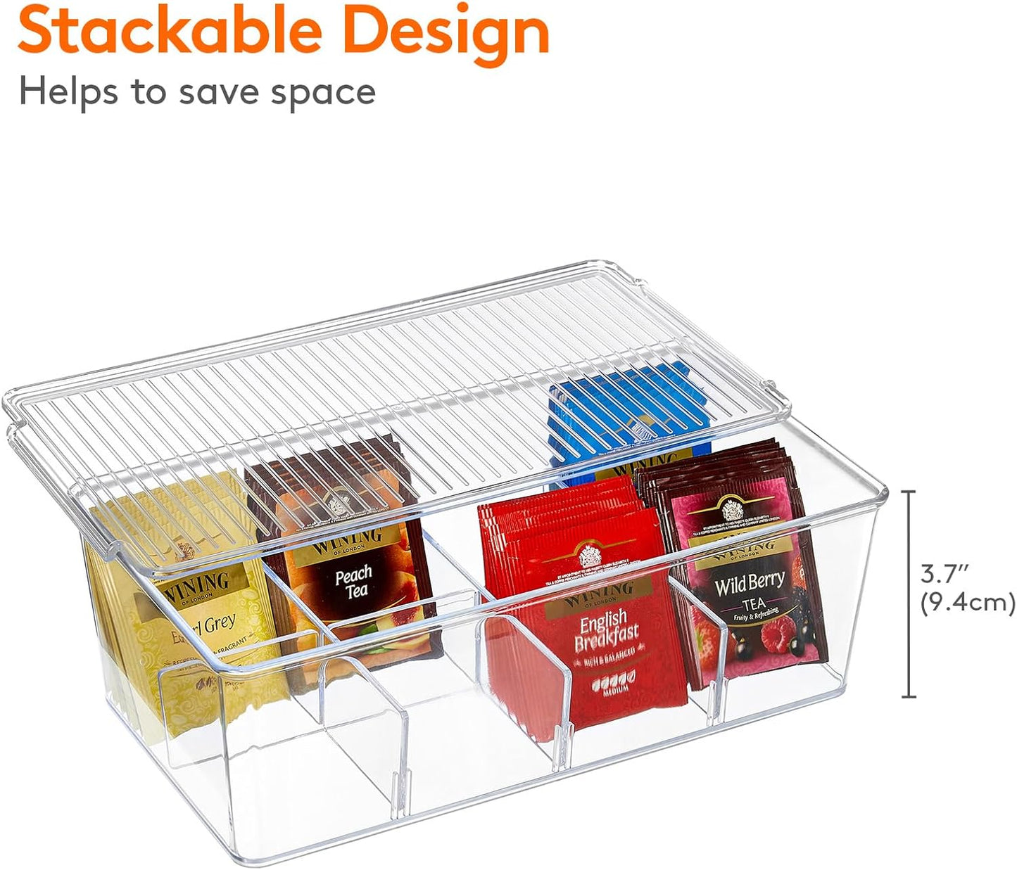 Lifewit 4 Pack Plastic Stackable Tea Bag Organizer, Divided Storage Bin Box for Kitchen Cabinets, Countertops, Pantry, Hold Coffee Pods, Sugar Packets, Condiments, Each for 8 Sections