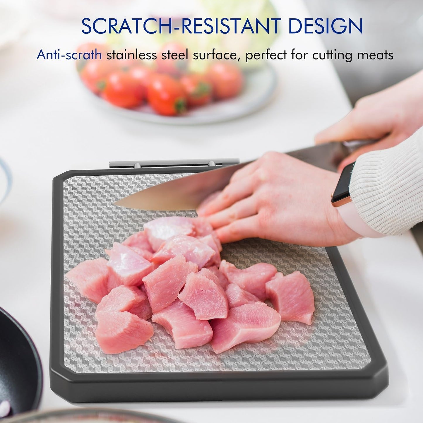 Stainless Steel Cutting Board, Scratch-resistant Cutting Board for Kitchen, 16 * 11 inch Double Sided Chopping Board, 304 Stainless Steel and Food-Grade Wheat Straw PP, Dishwasher Safe