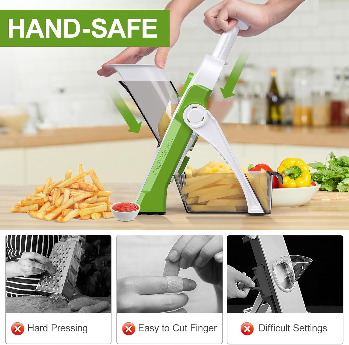 Safe Mandoline Slicer for Kitchen, Potato Slicer, Meal Prep, Adjustable/Easy to Clean/Storage, Kitchen Chopping Artifact, Paring Knife/Cleaning Brush (only Slice, Avocado Green)
