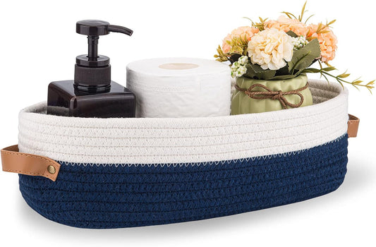 Toilet Basket,Woven Storage Basket for Toilet Tank Top Farmhouse Home Decor Organizing Baskets 13"x5.9"x4" Navy Stitching White
