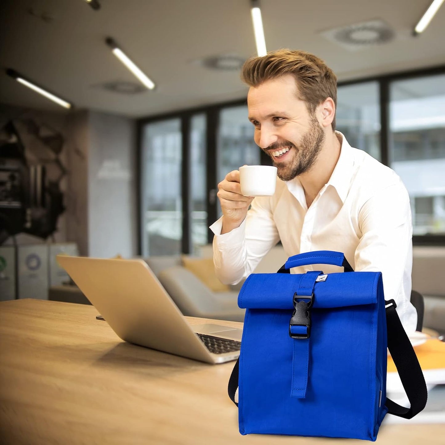 SUNNY BIRD Insulated Lunch Bag Rolltop Lunch Box Tote Lunchbox Bag for Women, Men, Adults and Kids (Blue)