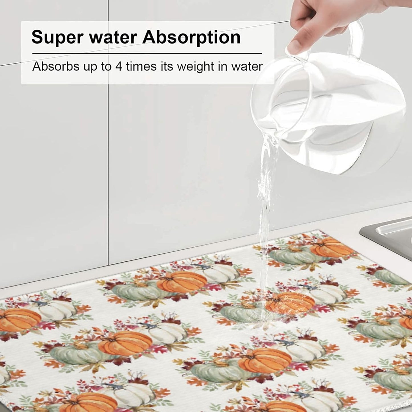 Fall Dish Drying Mat 18x24 for Kitchen Counter, Watercolor Pumpkin Leaf Decorative Absorbent Coffee Mat Dish Drying Pad Coffee Bar Dish Drainer Rack Mat Drainer Mat