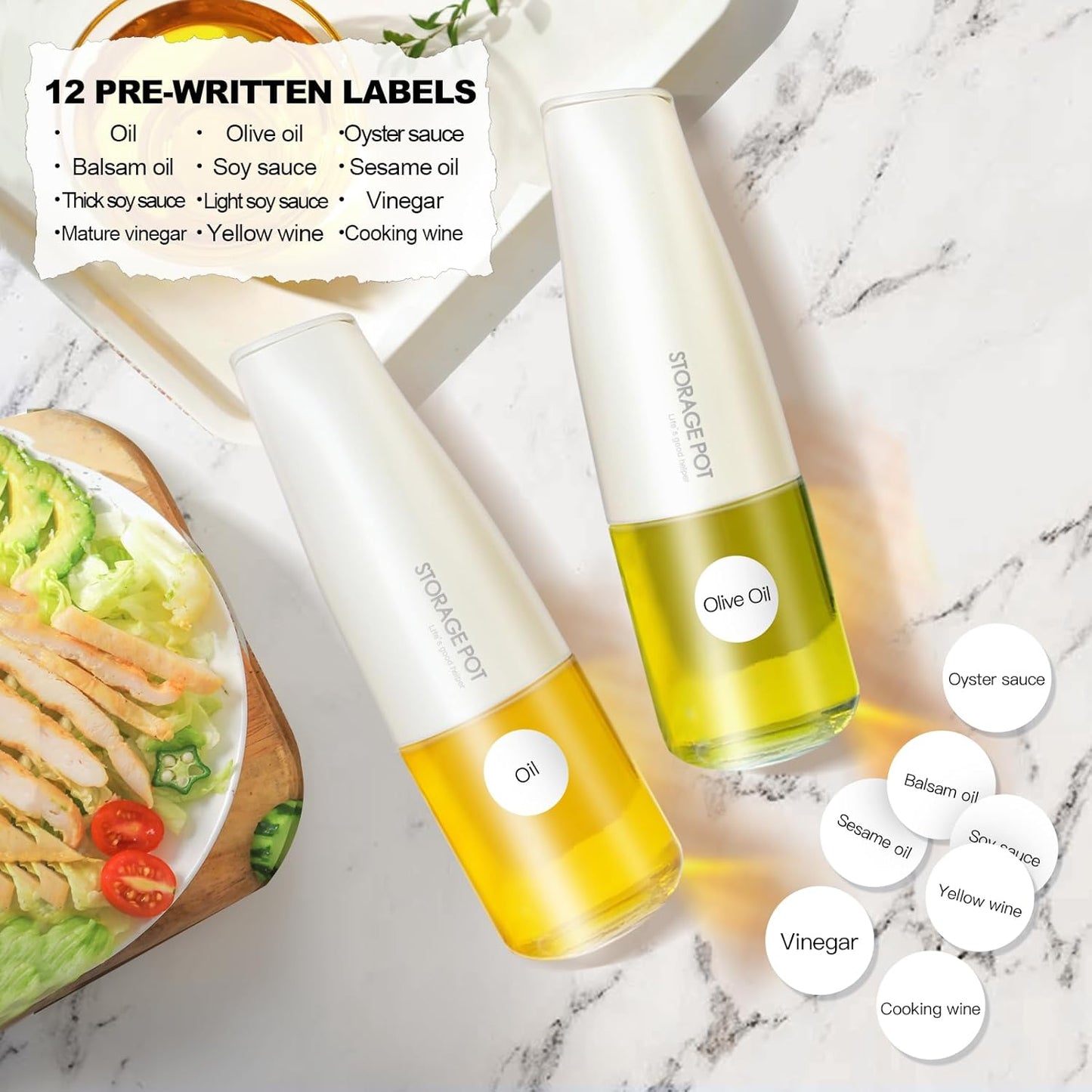 YARRAMATE 2Pcs Large Capacity Aesthetic Olive Oil Dispenser for Kitchen, 500ml /17oz Cooking Glass Vinegar Drizzler, Leak Proof Oil Bottle, Non-Drip Soy Sauce Dispenser, Oil Pourer&Labels(White&Green)