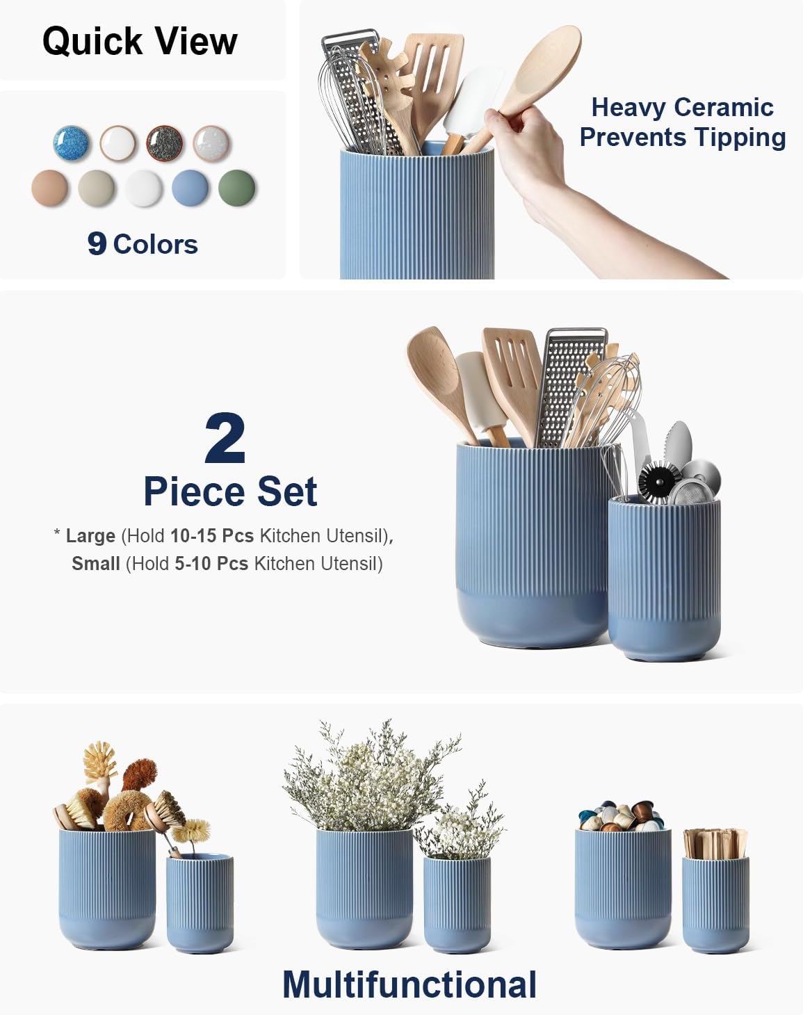 LE TAUCI Utensil Holder, 7.3"+5.4" Ceramic Kitchen Utensil Holder for Countertop, Large Cooking Utensil Crocks for Kitchen Counter, Morden Utensil Organizer for Spatula, Set of 2, Dusty Blue