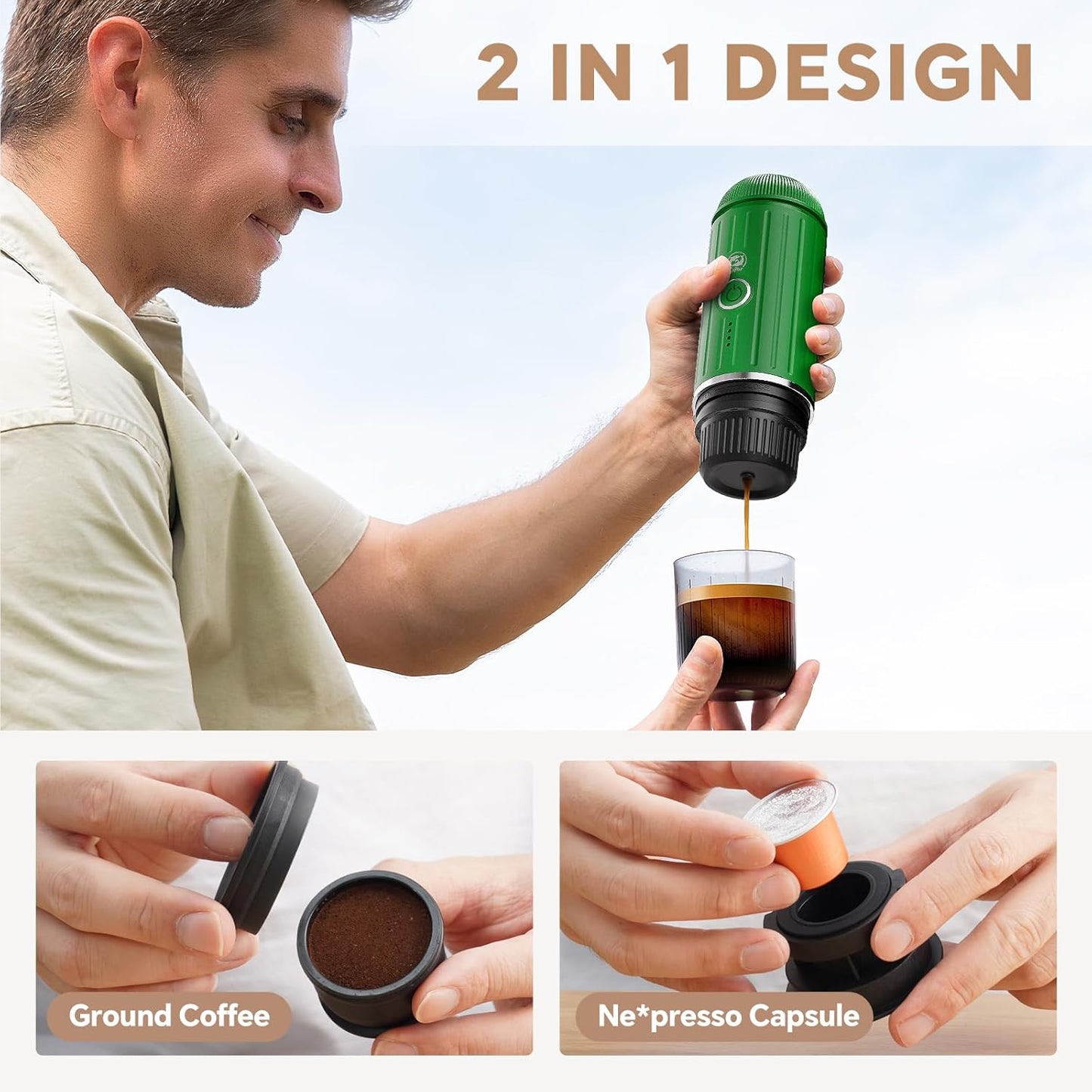 Rich Crema Portable Electric Espresso Coffee Maker, Fast self-heating 2 IN 1 Extraction System Espresso Machine, Support Ground Coffee and NS capsule, for Travel、Car、Hiking、Climbing（Green）