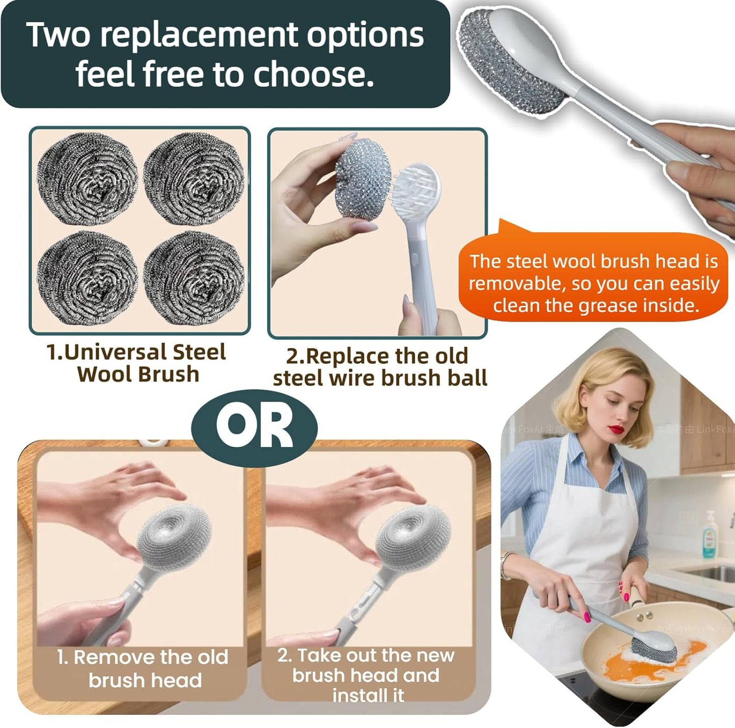 Dish Brush with Handle,4-Pieces Dish Brush Set with Holder,Replaceable Brush Heads Long Handle Kitchen Scrubber,for Pots,Sink,Pans &Bottles.Gray