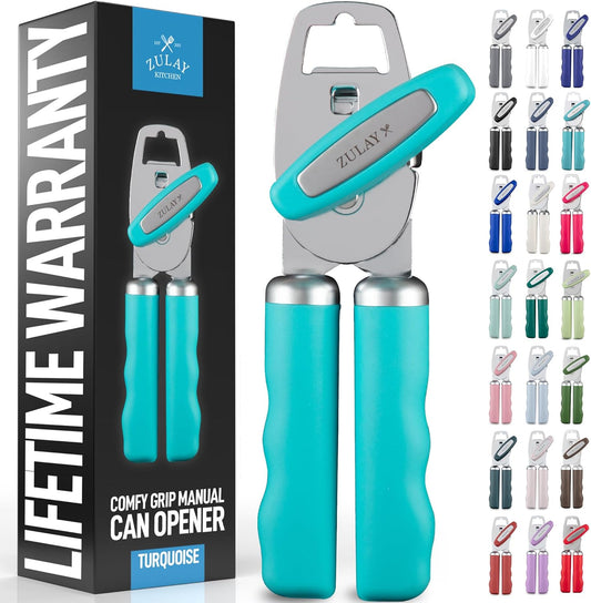 Zulay Kitchen Heavy Duty Stainless Steel Can Opener Manual with Bottle Opener - Rust Proof Manual Can Opener With Turn Knob & Soft Grip Handles