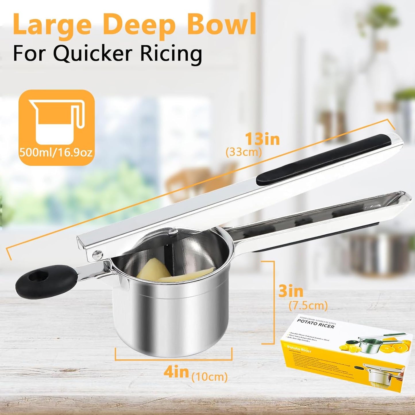 KAYCROWN Potato Ricer, Heavy Duty Stainless Steel Potato Masher and Ricer for Mashed Potatoes Tool, Lemon Squeezer