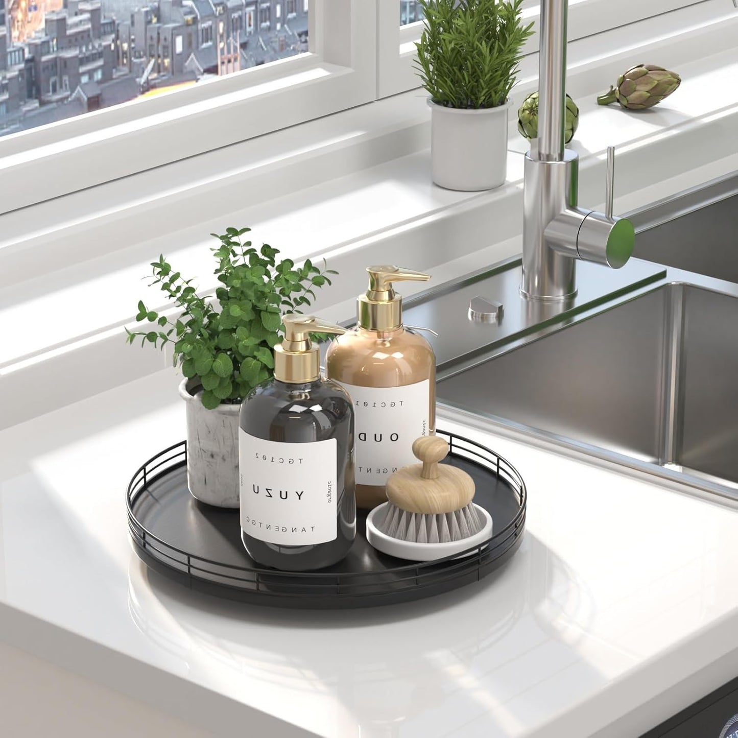 12" Oak Wood Bathroom Tray for Counter, Vanity Tray for Perfume Lotion Candle Makeup Jewelry Sink Soap Holder Turntable Dresser Organizer Countertop Coffee Table Decor Organization and Storage Black