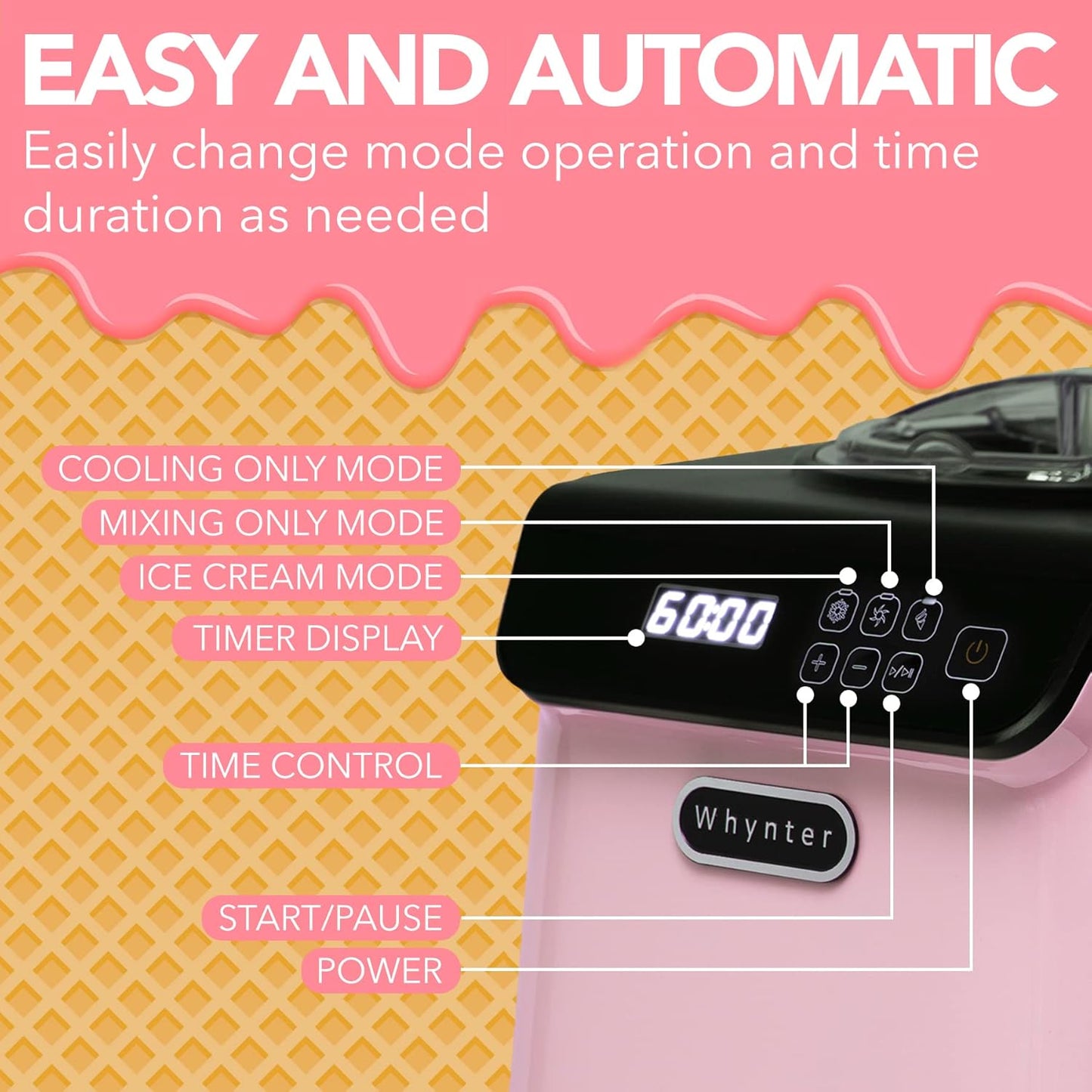 Whynter Ice Cream Maker Machine Automatic 1.28 Qt Upright with Built-In Compressor, LCD Digital Display & Timer, No Pre-Freezing, ICM-128BPS, Black/Pink