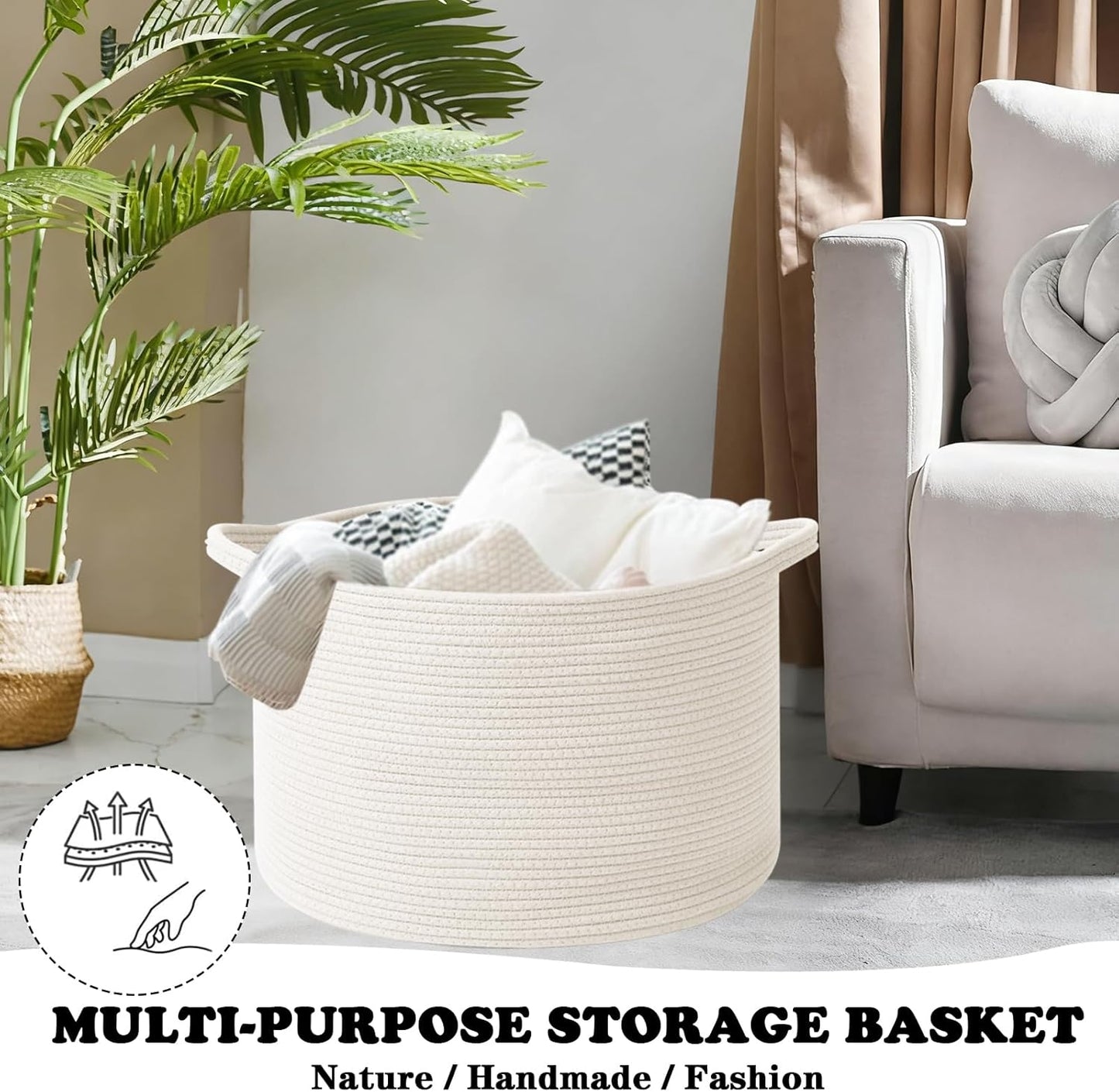 Large Blanket Basket for Organizing,65L Closet Organizers and Storage Bins Box for Shelves Woven Rope Storage Baskets,Living Room,Bedroom,Dorm,Laundry room (White)