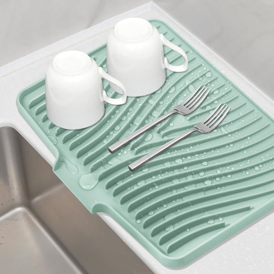 Silicone Dish Drying Mat, Stone Drying Mat for Kitchen Counter with Built-In Drain, Non-Slip Drain Pad with Built-in Drain, Heat Resistant Stone Drying Mat, 1Pcs 19.7" x 17", Mint