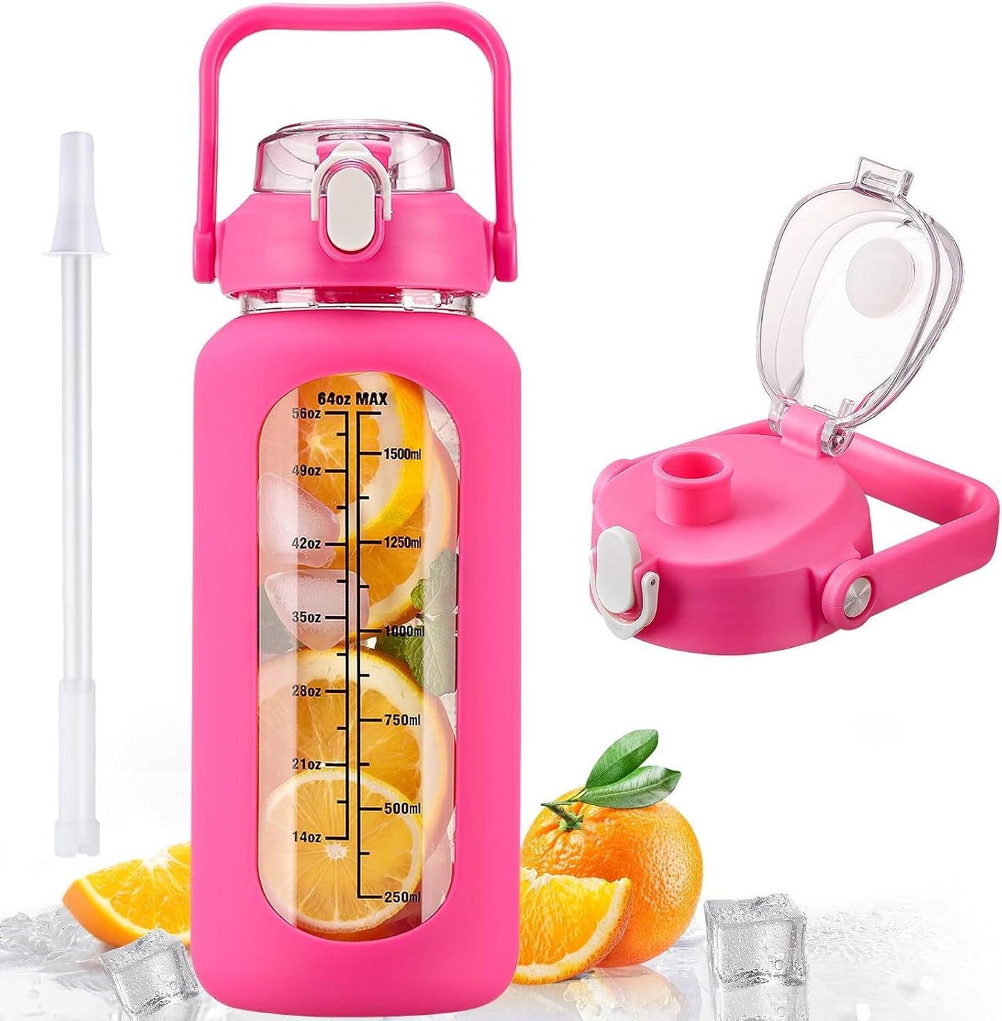kytffu 64oz Glass Water Bottles with Straw, Half Gallon Motivational Glass Bottle with Silicone Sleeve and Time Marker, 2L Leakproof Large Glass Water Jug for Gym Home Office, Rose Red