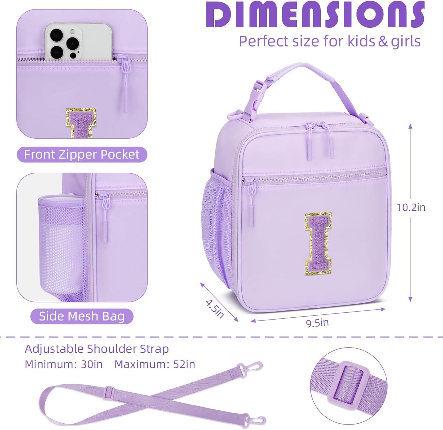 Initial Insulated Lunch Bag for Girls Kids, Back to School Gift, Reusable Leak-proof Lunch Box with Adjustable Strap for School Daycare Travel Picnic (Purple,I)