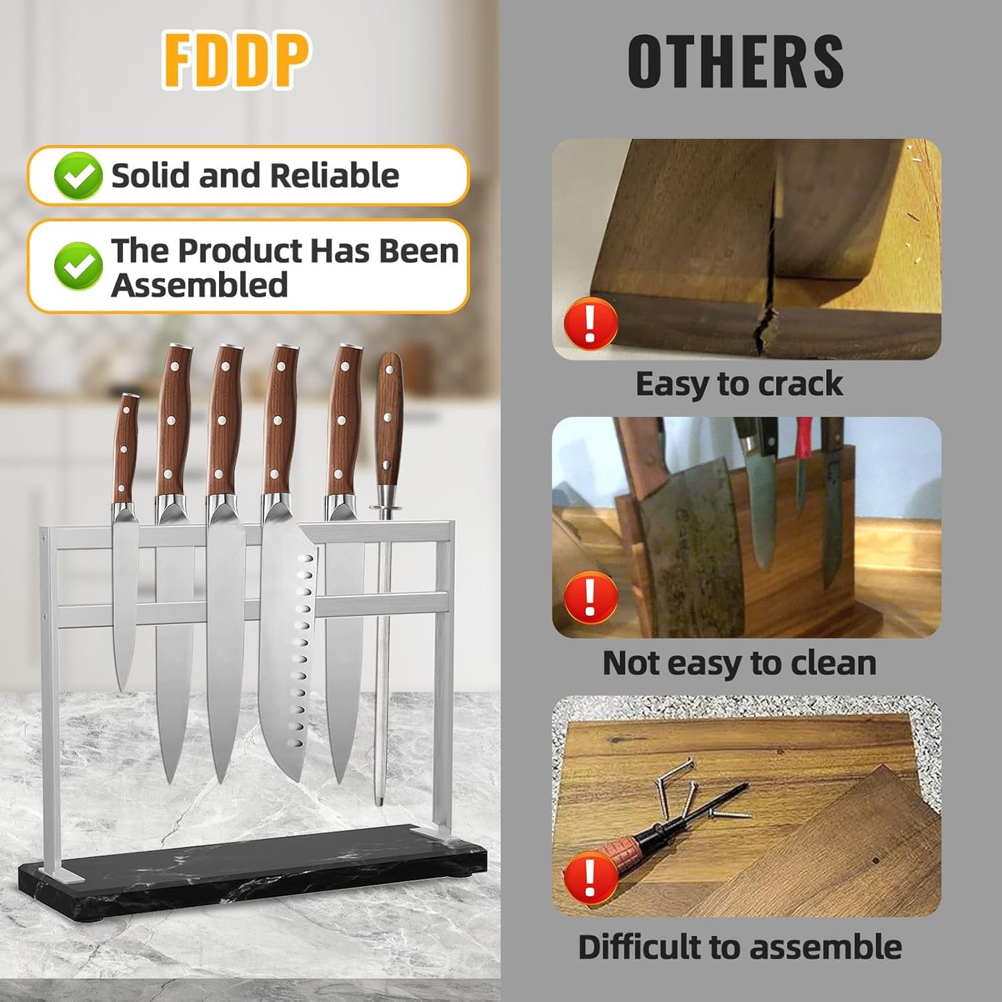 Magnetic Knife Stand Block with Marble Base, Double-sided Stainless Steel Magnets for Countertop, Magnetic Knife Holder for Kitchen Storage, 12 IN, Black