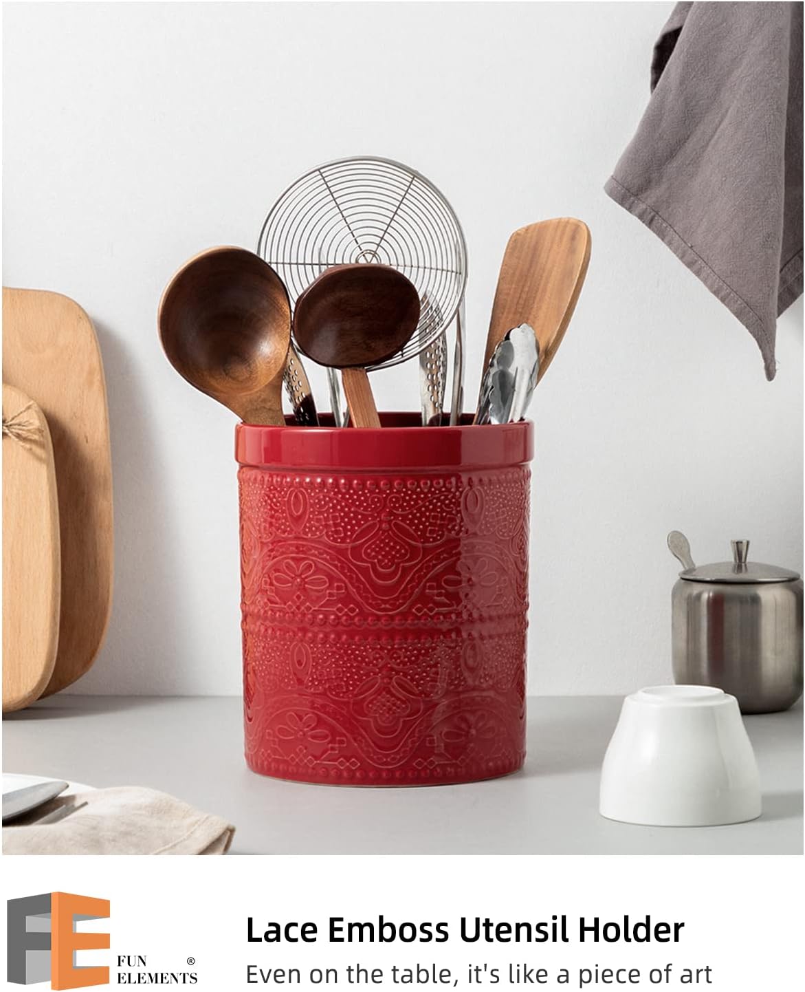 FUN ELEMENTS Kitchen Utensil Holder, 7.2" Super Large Utensil Crock Heavy and Stable Lace Emboss Ceramic Utensil Holder for Kitchen Counter (Christmas Red)
