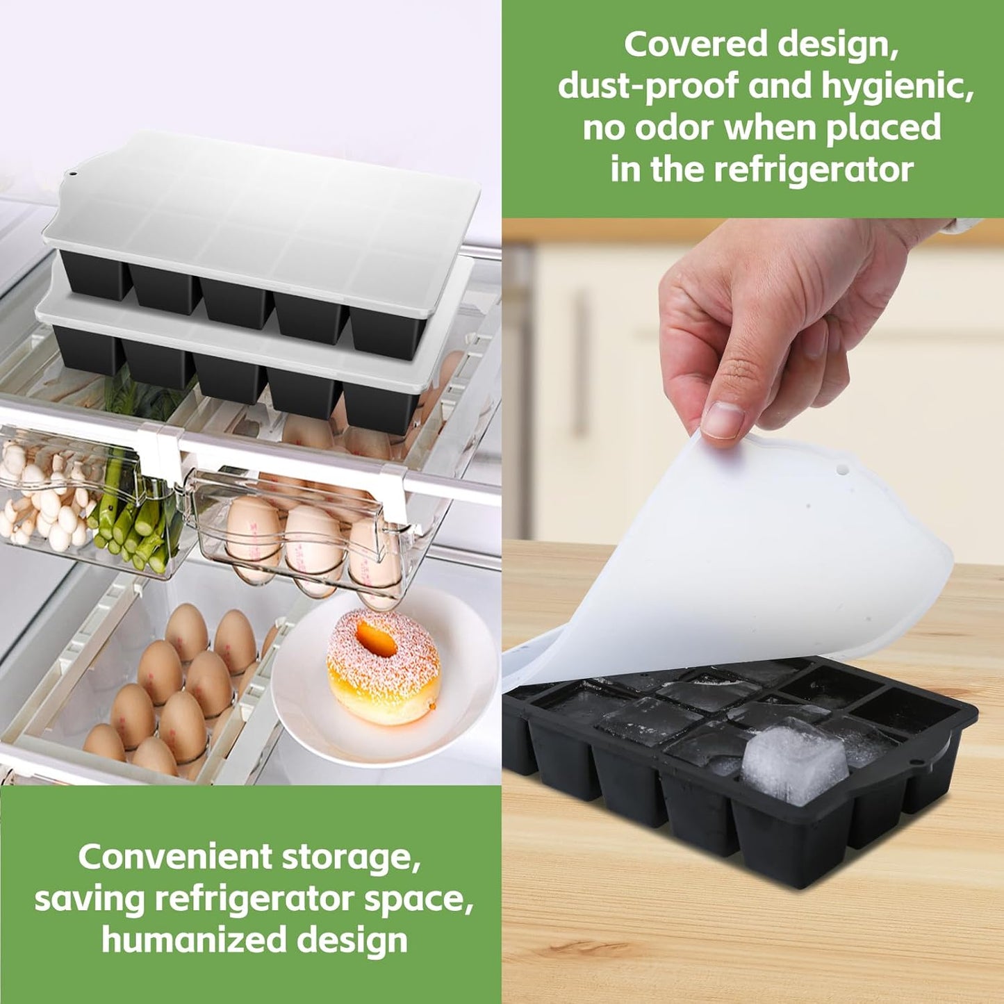 Silicone Ice Cube Tray, 2 Pack Easy-Release Stackable Ice Trays for Freezer with Lid 15 Reusable Cubes, Food Grade BPA Free Ice Molds for Whiskey, Baby Food, Coffee, Cocktail, Drinks (Black)