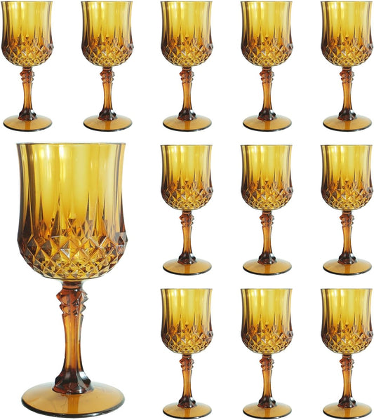 Plastic Wine Glasses，Plastic Goblets Vintage Style Cordial Drinking Glasses for Wedding Reception, Grand Event Party Supplies (12, Amber)