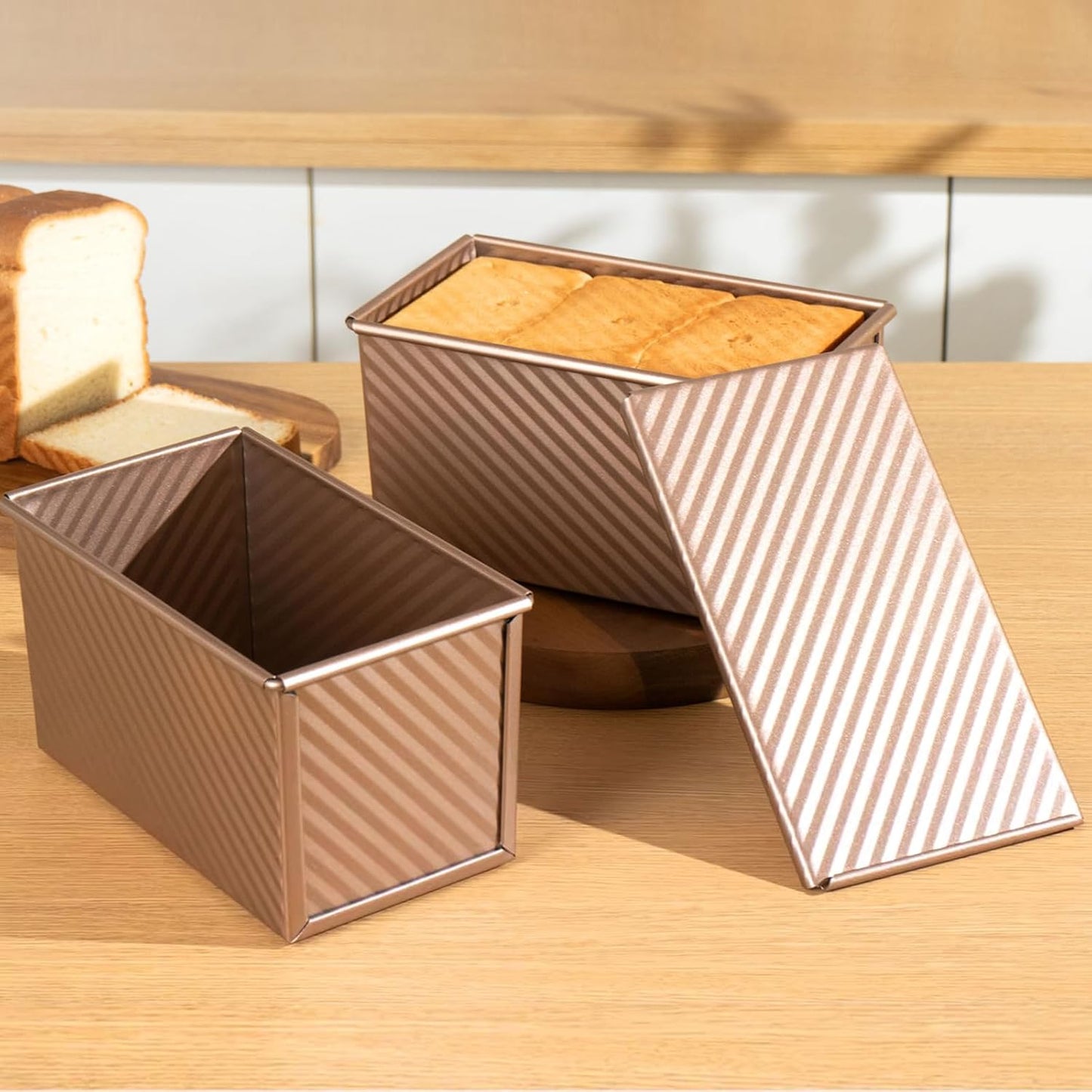 2 Pack Pullman Loaf Pan with Lid, 1 lb/0.5 lb Dough Capacity, Carbon Steel Corrugated, Non-Stick Sandwich Bread Loaf Pan with Lid