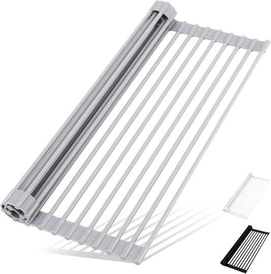 Roll Up Dish Drying Rack Over The Sink Kitchen Roll Up Sink Drying Rack Multipurpose Foldable Sink Drying Mat, Heat-Resistant, Anti-Slip & Anti-Rust Dish Rack for Kitchen, 17" x 13", Grey