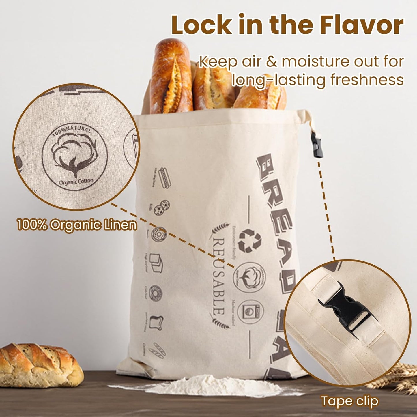 2-Pack Bread Bags, Reusable Bread Bags for Homemade Bread, Buckle Closure,Fresh Keeping Extra Large Bags, Food Bag (Mix colour)