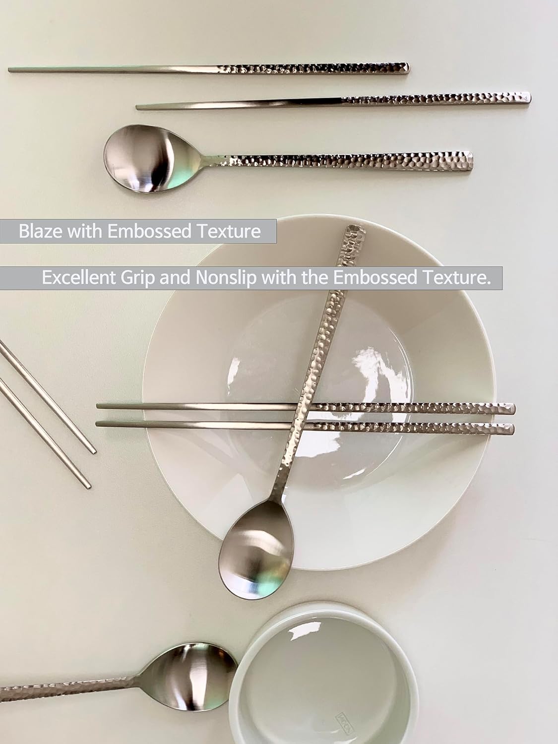 Korean Made Silver Glossy Hammered Stainless Steel Korean Spoon & Chopstick SET Gift for Mom (4SET)