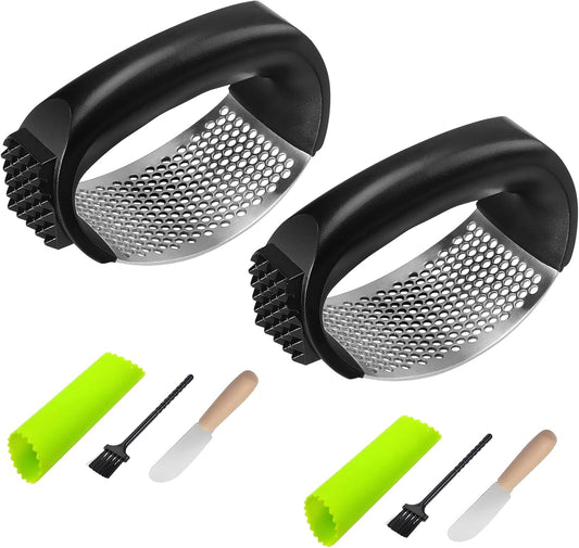 2 Pack Garlic Press Rocker Set – Innovative Stainless Steel Garlic Mincer & Crusher with 2 Peelers, 2 Scrapers, and 2 Brushes for Effortless Garlic Prep | Complete Garlic Tool Kit (GREEN)