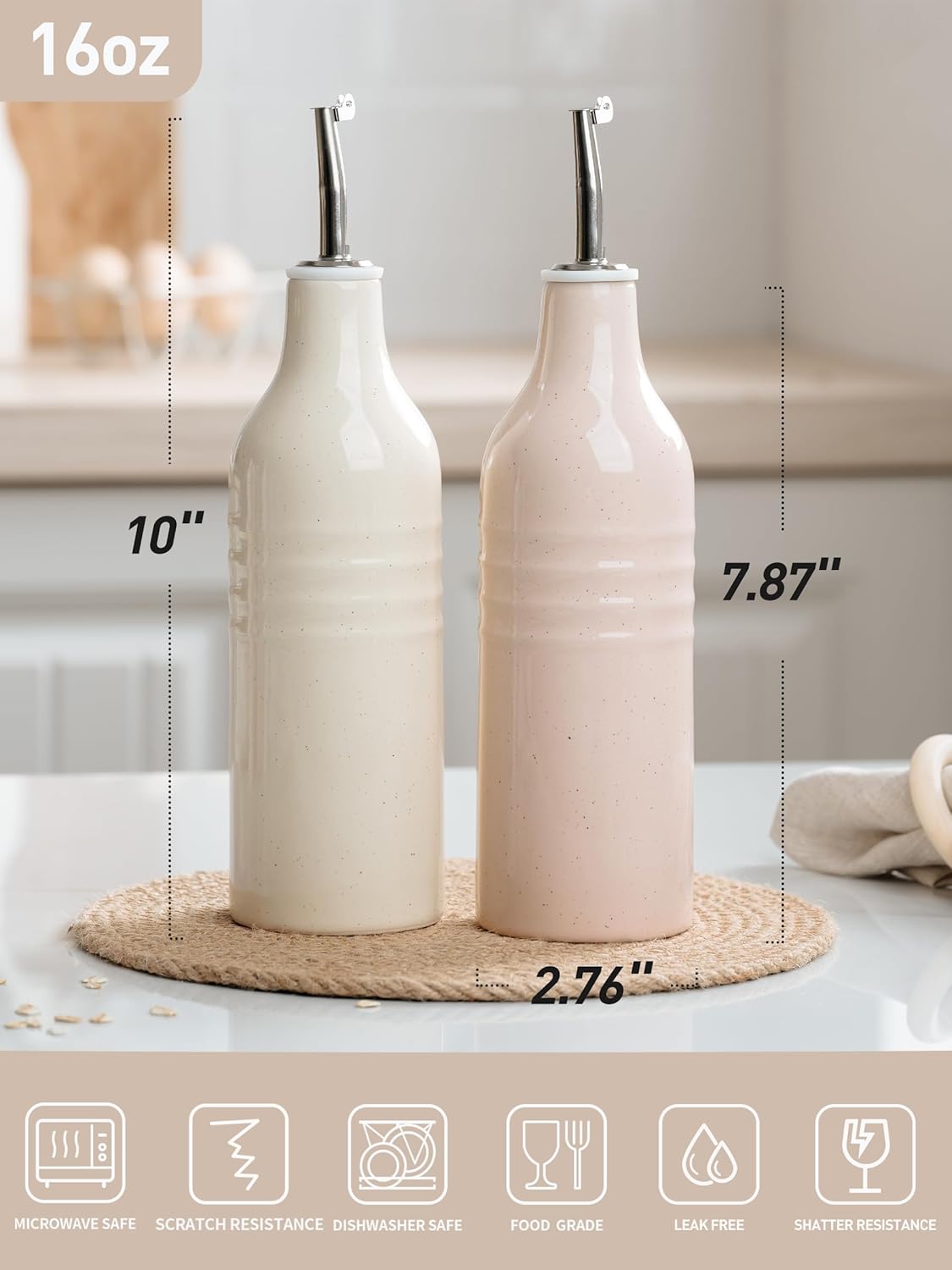 famiware Jupiter 16oz Ceramic Olive Oil Dispenser Bottle, Olive Oil and Vinegar Dispenser Bottle Set of 2 with Stainless Steel Pourers, Suitable for Storage Vinegar, Vanilla White & Light Pink