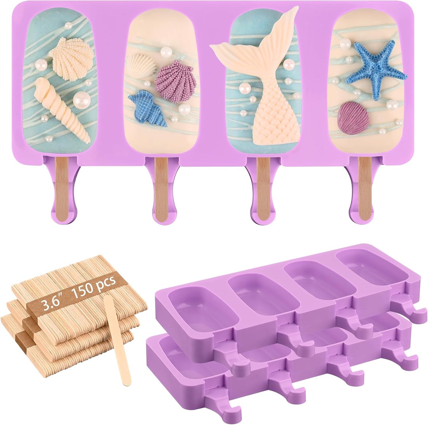 Sakolla Silicone Popsicle Molds Set of 3, Large Oval 4 Cavities Homemade Ice Pop Molds with 150 Wooden Sticks for Ice Cream, Cakesicles, Cake Pop (Purple)