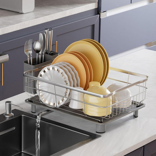 Stainless Steel Dish Drying Rack with Drainboard Dish Drainers for Kitchen Counter Extendable Spout Strainers with Utensil Holder and Knife Slots, Grey