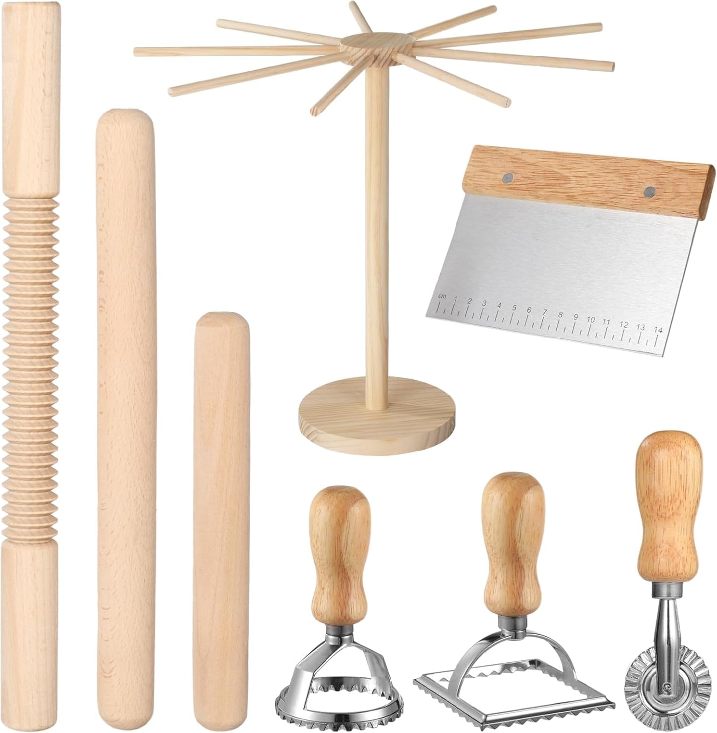 8 Pcs Pasta Making Tools, Wood Pasta Maker Kit, Includes 1 Pasta Drying Rack, 3 Rolling Pins, 1 Dough Cutter, 2 Pasta Stamps, and 1 Ravioli Cutter, Homemade Pasta Making Supplies