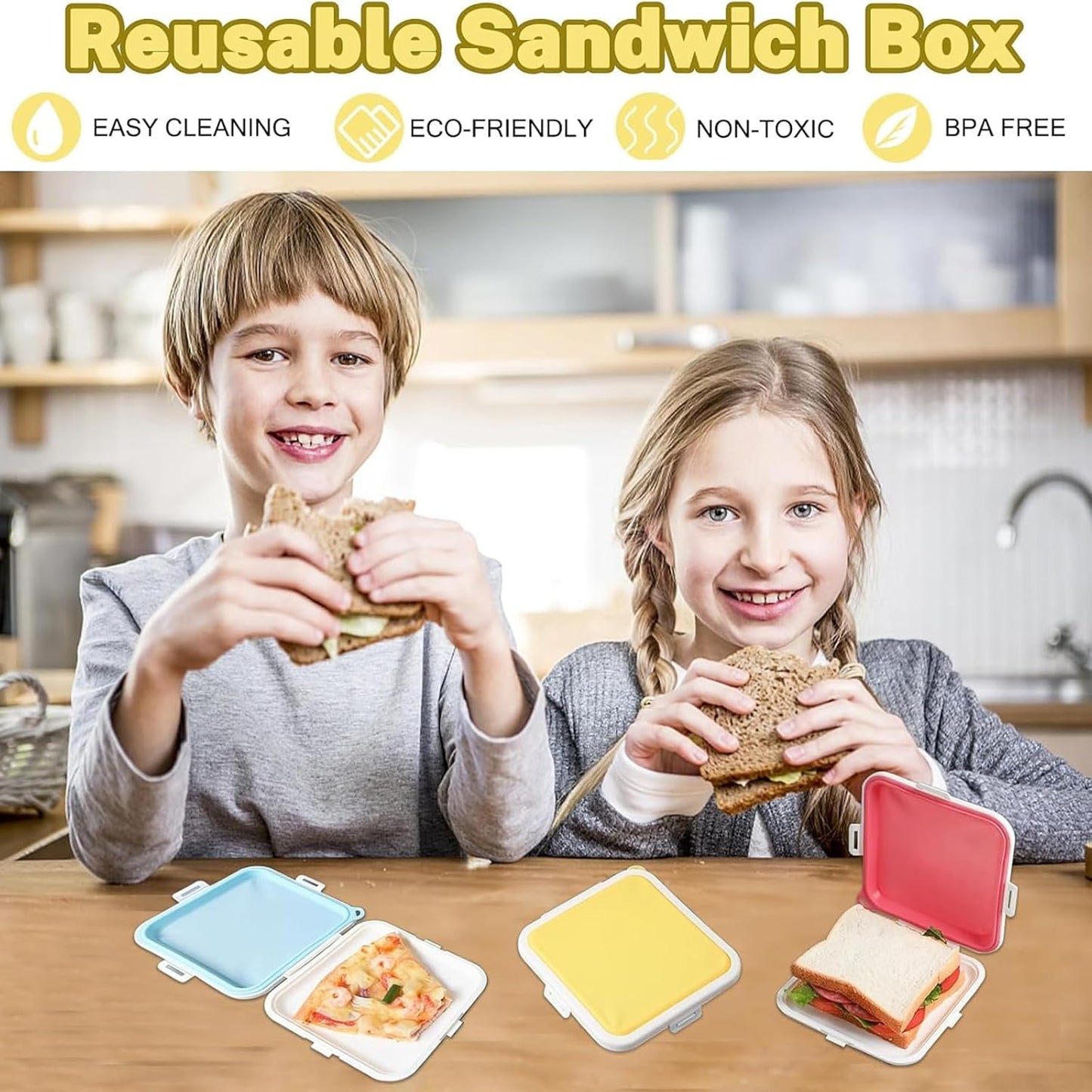 Sandwich Containers, Silicone Sandwich Storage with Snap-Off,Sandwich Box for Lunch,BPA Free,Leakproof, Reusable Plastic Sandwich Holder for Fruit,Salad,Snacks and Food Storage (Yellow+Pink)