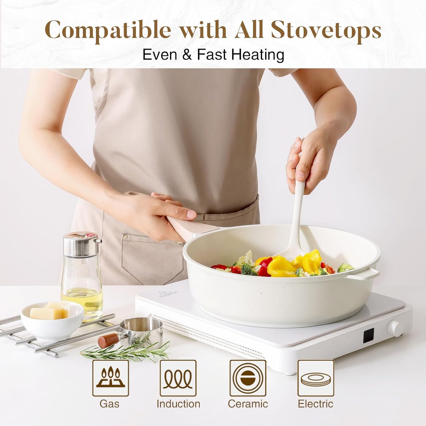 Nonstick Ceramic Deep Frying Pan, 10 Inch Non Toxic Skillet with Lid, Healthy Jumbo Cooker, Saute Pan for Cooking, Induction Cookware, PFOA & PFAS Free (Cream)