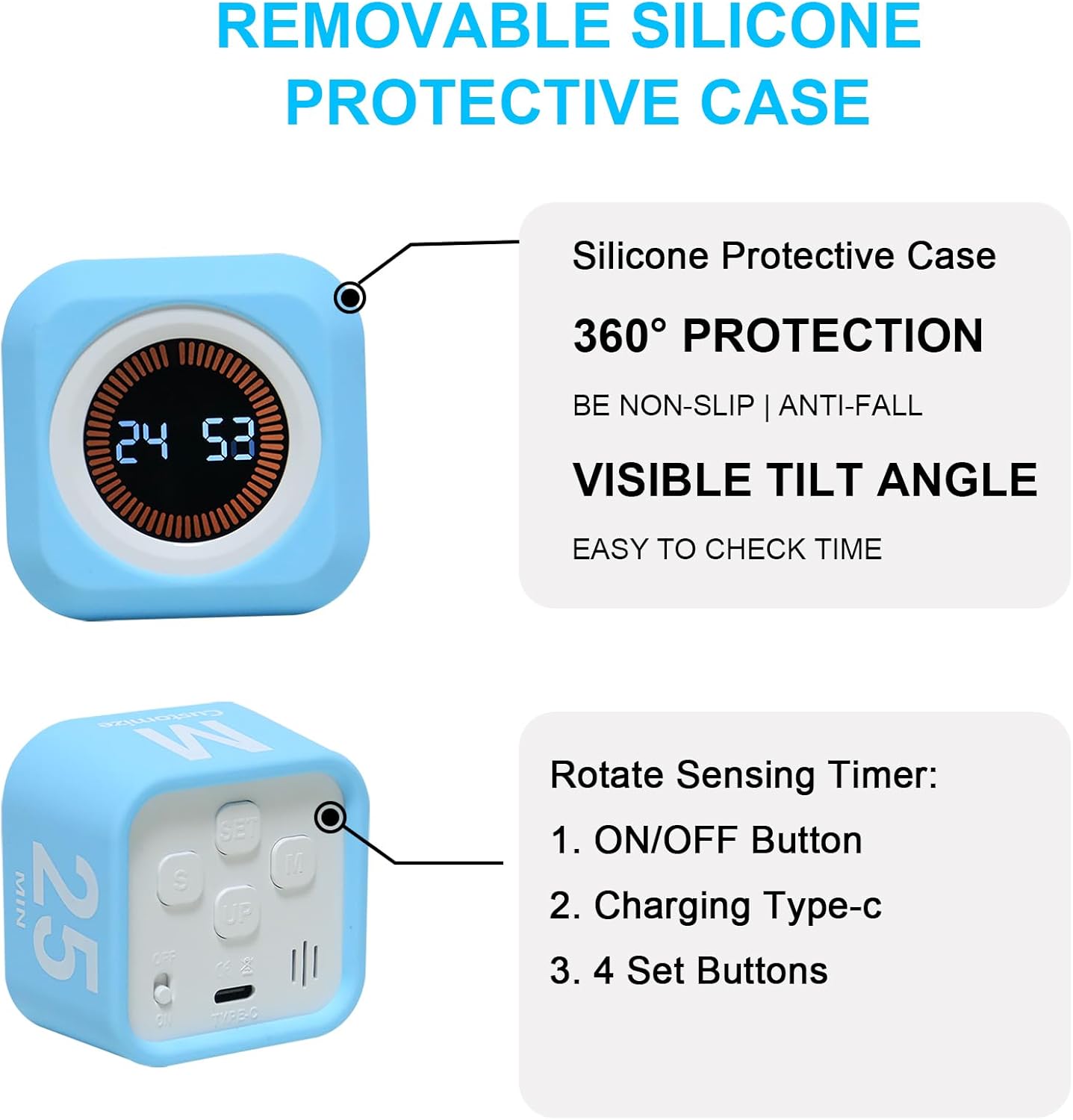 Rotating Cube Visual Timer 5, 25, 10 50 Minutes Preset + Custom Countdown, Rechargeable Desk Productivity Flip Timer with Detachable Silicone Cover for ADHD Study Work Kitchen School (White)