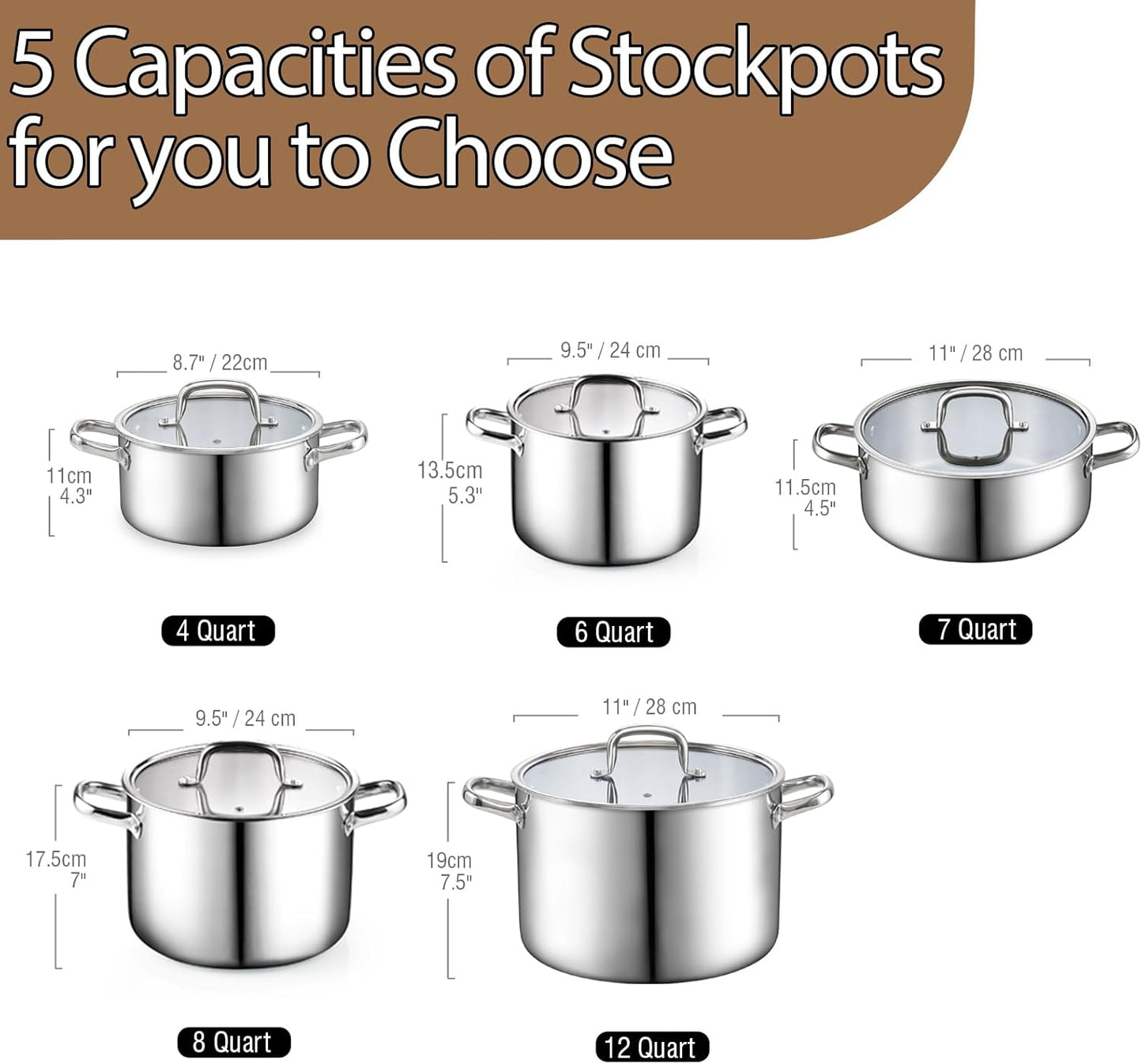 Cook N Home Stainless Steel Stockpot with Lid 7 Quart, Tri-Ply Clad Dutch Oven Soup Pot, Induction Cooking Pot, Silver