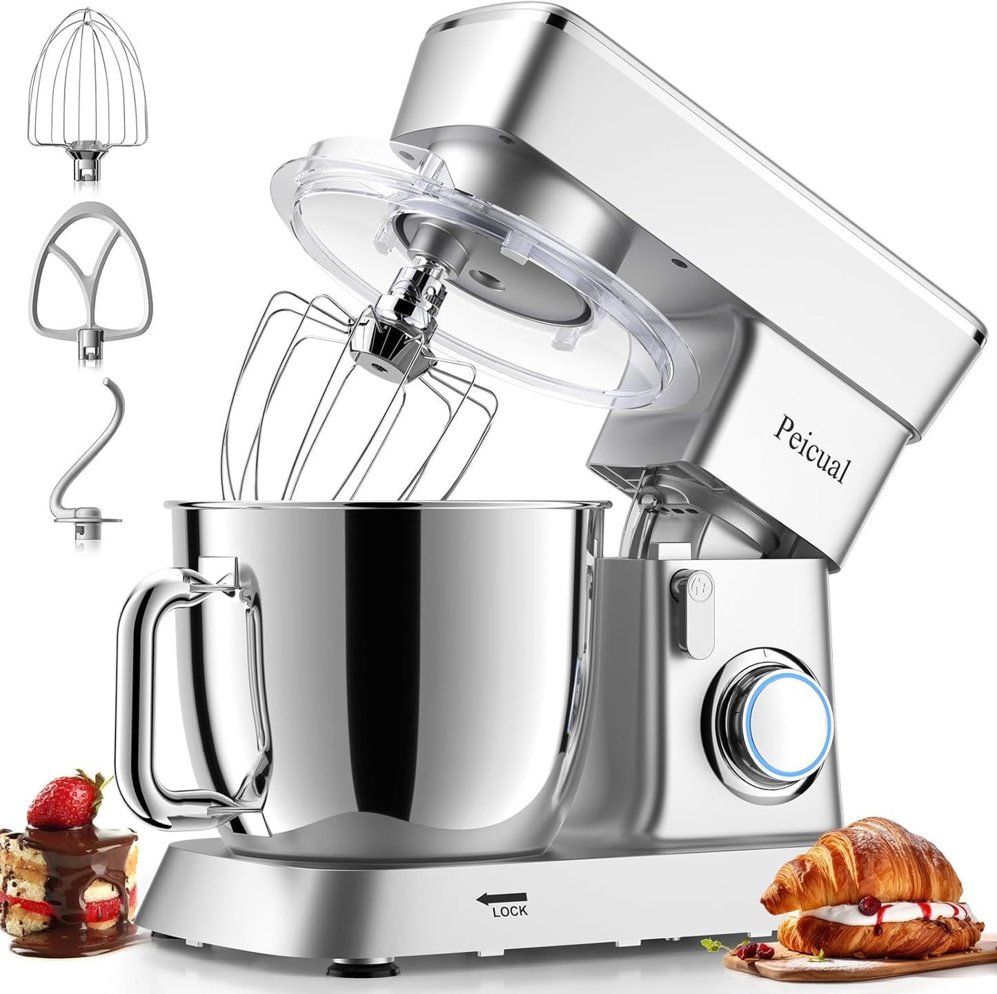 Stand Mixer, 6QT 10+P Speed Tilt-Head Kitchen Electric Mixer, Food Mixer with Stainless Steel Bowl, Dough Hook, Flat Beater, Wire Whisk, Splash Guard for Daily Use - Silver