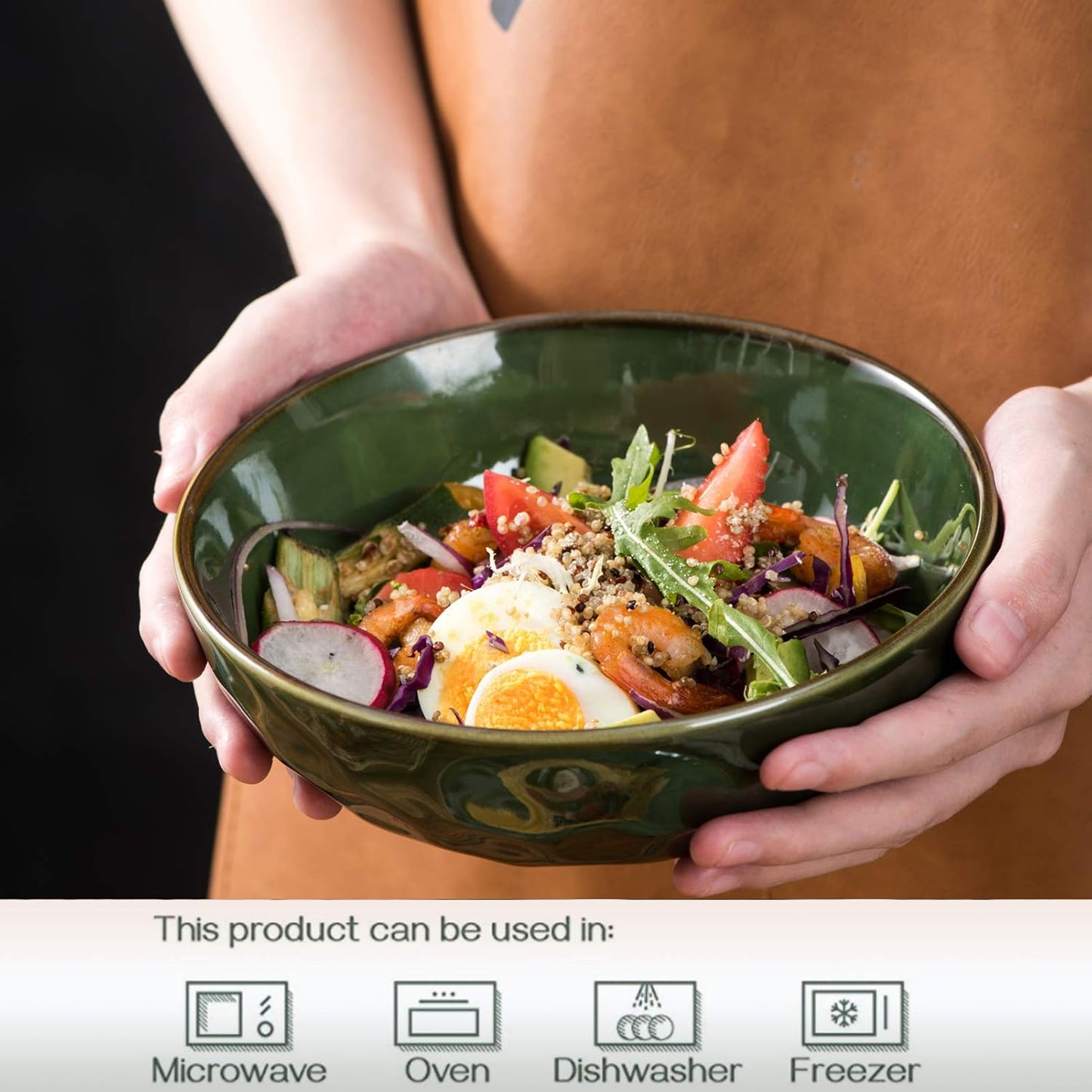 vicrays Ceramic Pasta Bowls Set, 32 Ounce Soup Bowls, Large Salad Bowls, Chip Resistant, Dishwasher Microwave Safe, Fluted stoneware Bowls for Kitchen, Serving Bowls, Set of 6 (Green)