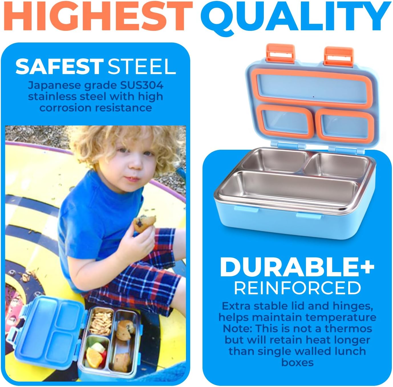 kinsho Stainless Steel Bento Box for Toddler Boys, Insulated Lunch Bag and Water Bottle Set for Toddlers. Snack Container for Small Kids, Baby Daycare or Pre-School Lunches, Blue Yellow Trucks