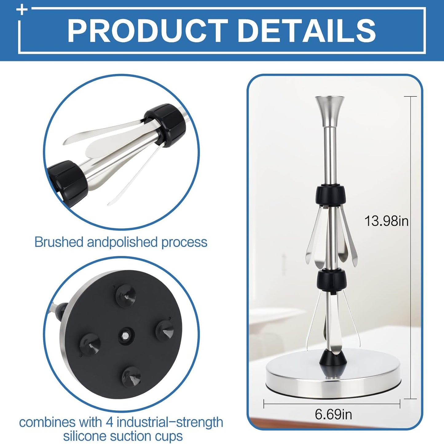 Stainless Steel Paper Towel Holder – Heavy-Duty Base & Suction Cup, Non-Slip for Countertops, One-Hand Tear Design, Fits All Roll Sizes