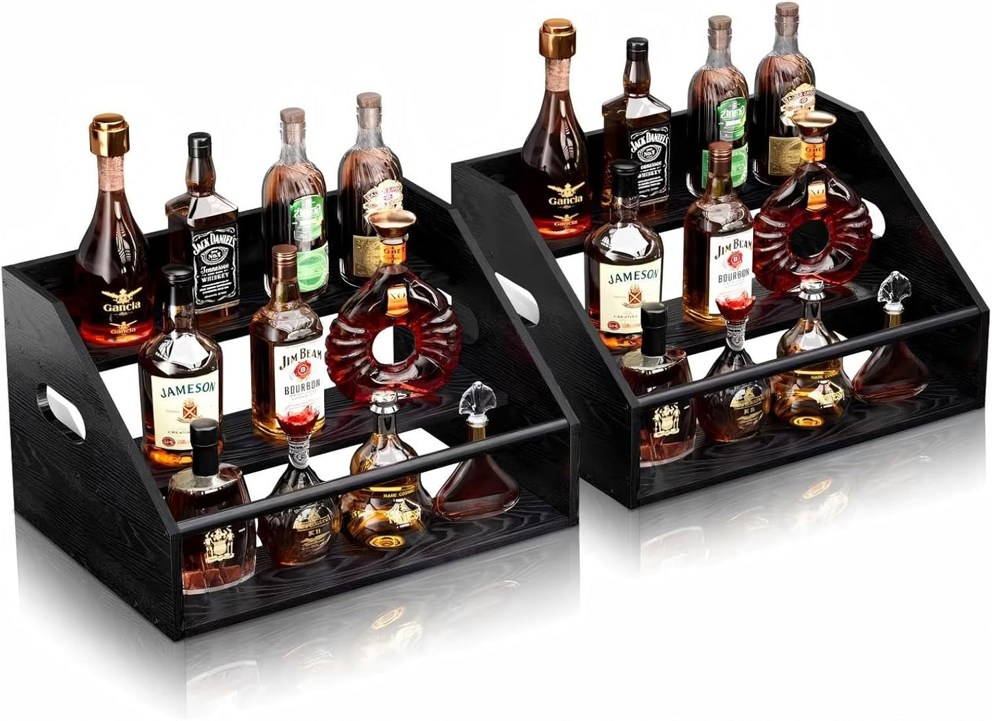 2Pack 3 Tier Wood Liquor Bottle Display Shelf, Coffee Syrup Organizer Rack, Wine Racks Countertop, Bar Shelf for Vodka Tequila Whiskey, Liquor Cabinet for Home Decor, Mini Bar, Black Bar Organizer