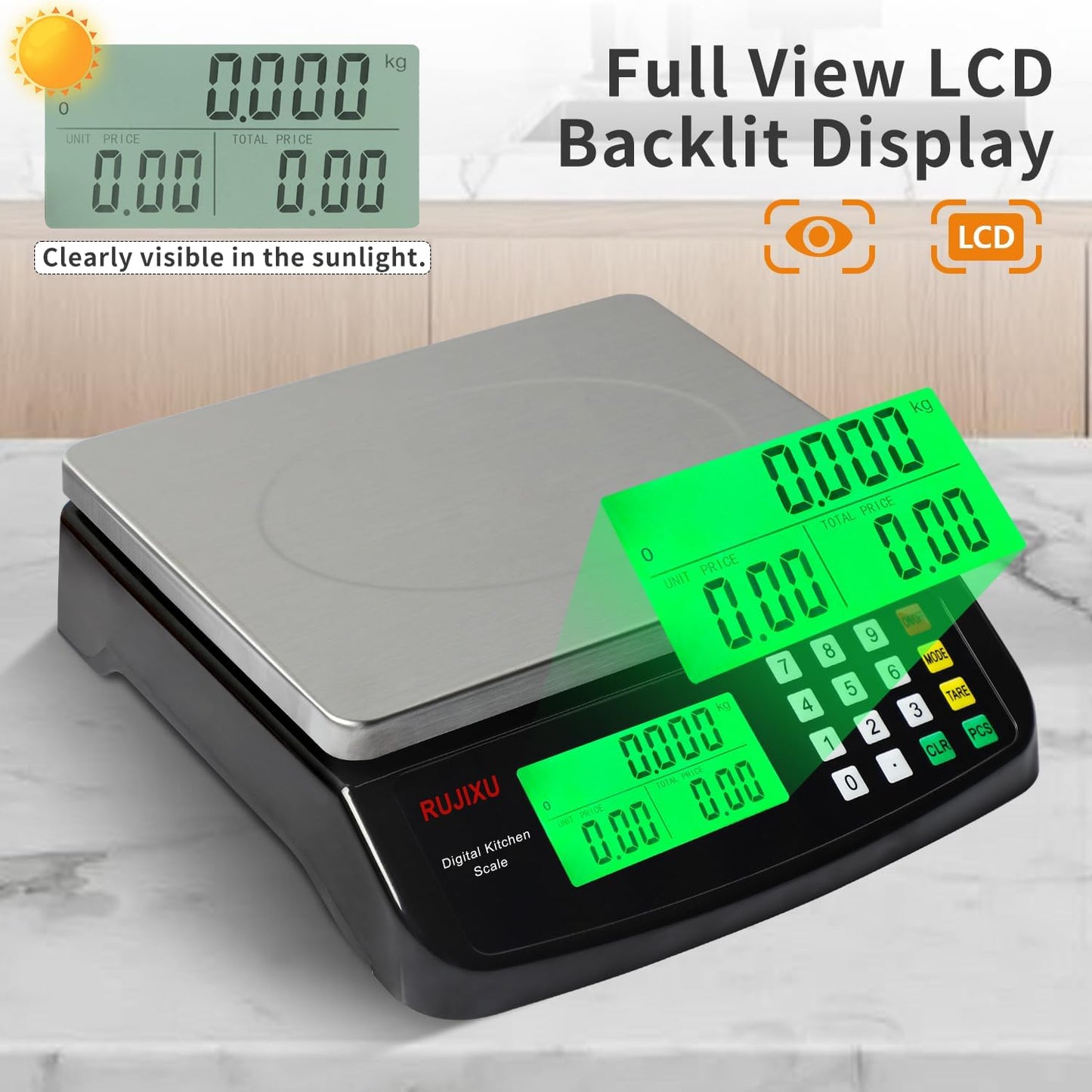 Large Digital Kitchen Scale Black 30kg/66lb Commercial Food Scale Stainless Steel with LCD Display Price Computing Scale for Restaurant Baking Bread Meat Prep Counting Scale for Parts and Coins