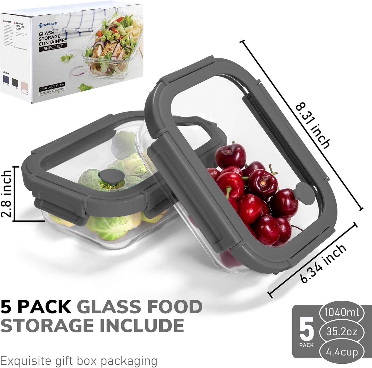 5-Pack Borosilicate Glass Containers with Tempered Lids, 35.2oz/4.4 Cup Airtight Meal Prep Set, Microwave/Freezer Safe (Gray)
