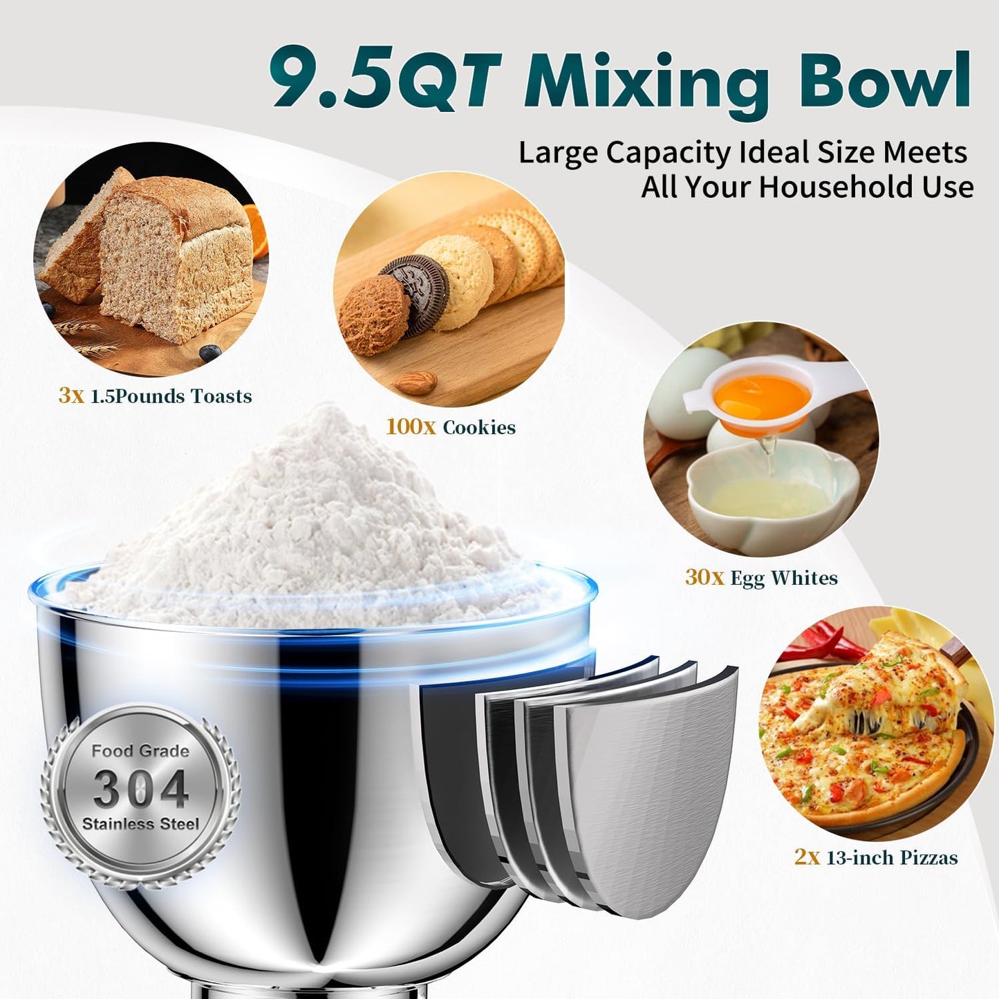 COOKLEE Stand Mixer, 9.5 Qt. 660W 10-Speed Electric Kitchen Mixer with Dishwasher-Safe Dough Hooks, Flat Beaters, Wire Whip & Pouring Shield Attachments for Most Home Cooks, White