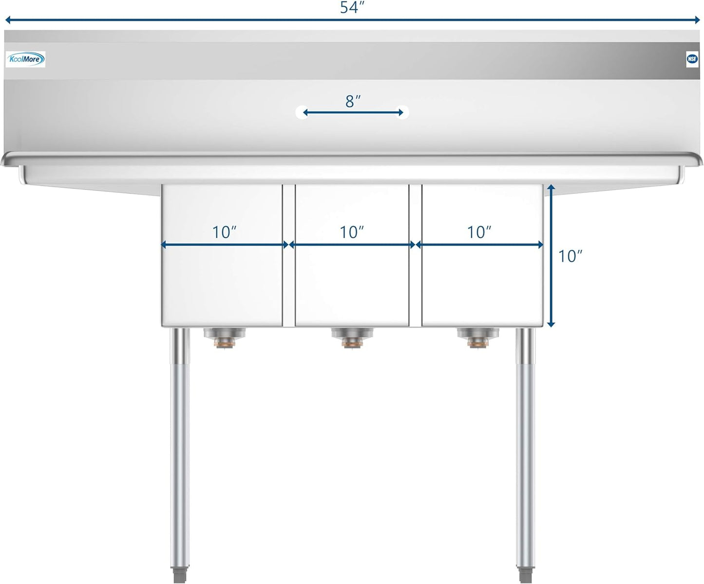 KoolMore - SC101410-12B3 3 Compartment Stainless Steel NSF Commercial Kitchen Sink with Right and Left Drainboards - Bowl Size 10" x 14" x 10", Silver