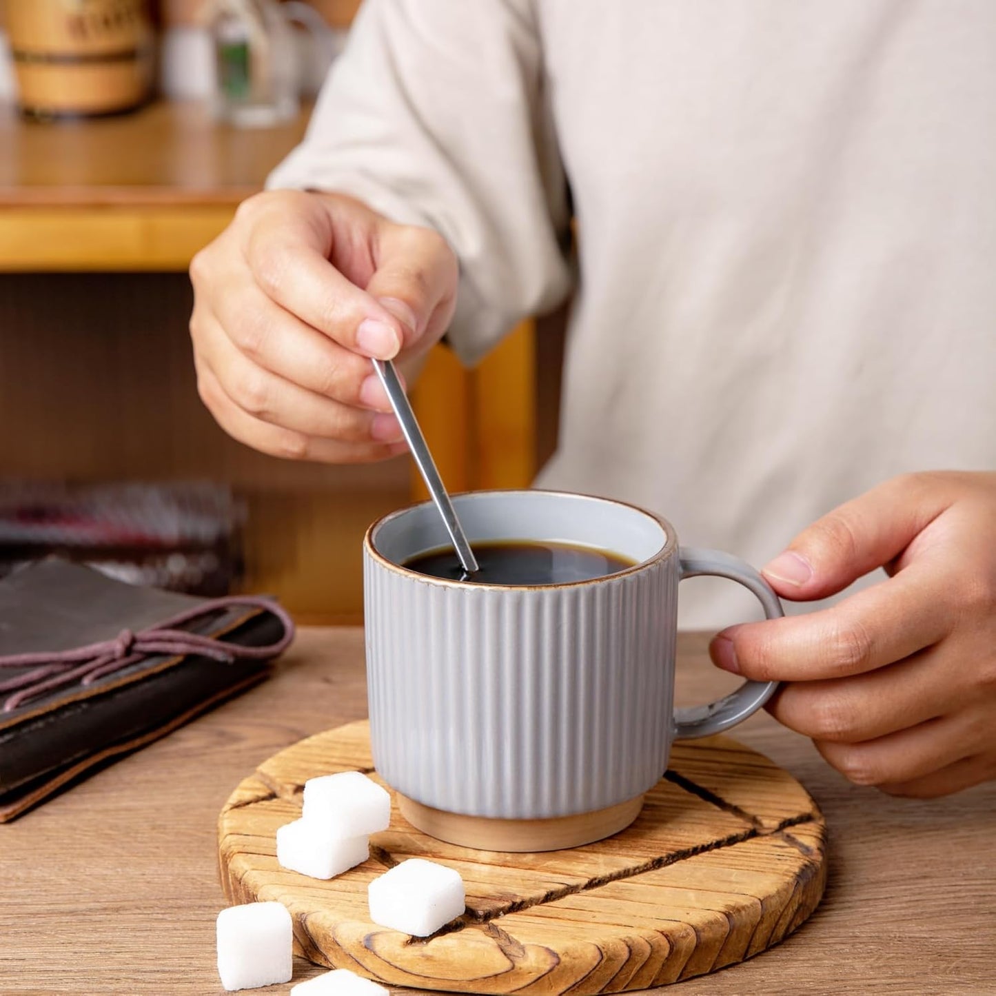 GBHOME 12OZ Stackable Coffee Mugs, Ceramic Coffee Mugs with Texture Patterns for Man,Woman,Dad,Mom, Modern Coffee Cups Set of 4 for Latte/Cappuccino/Cocoa. Dishwasher&Microwave Safe, Gray