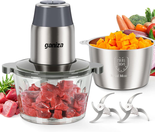 GANIZA Food Processors, Electric Chopper with Meat Grinder & Veggie Chopper - 2 Bowls with Powerful Copper Motor - Includes 2 Sets of Bi-Level Blades for Baby Food/Meat (Grey, 8 Cup+8 Cup)
