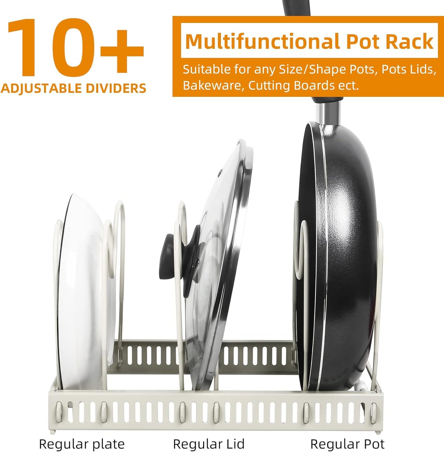 ROOHUA Pot Rack - Expandable Pot & Pan Organizer for Cabinet, 10 Adjustable Compartments (Apricot, 10)